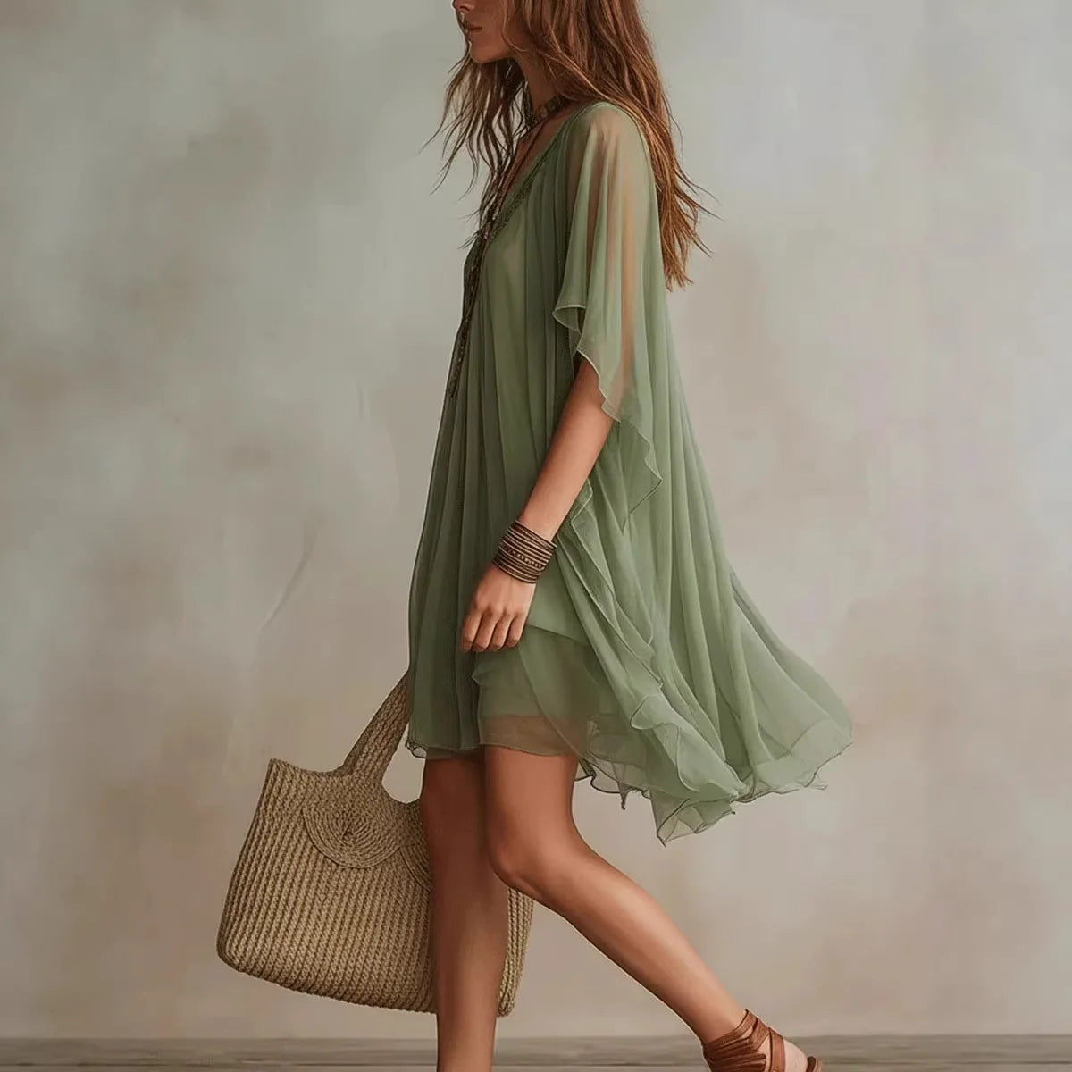 2026 Summer New European American Womens V-Neck Chiffon Dress Loose Beach Cover-Up Mid-length Princess Sleeve Solid Color