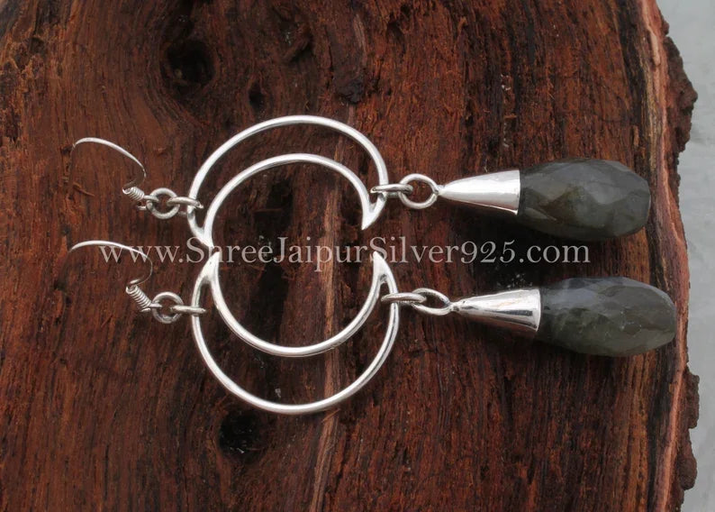 Handmade 925 Sterling Silver Labradorite Teardrop Hoop Earrings for Women Rhodium Plated Minimalist Bezel Setting Wedding Fine