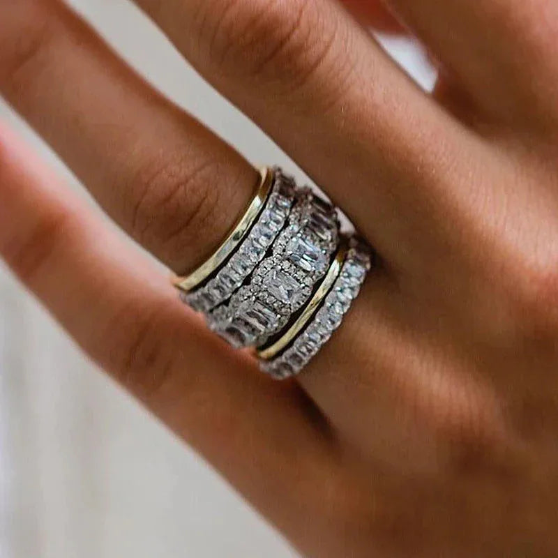 Women's Gorgeous Sparkling Full Cubic Zircon Eternity Band Rings S925 Sterling Silver Full Fine Aperture Combination Set Ring