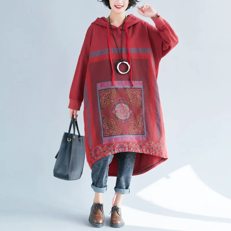 Plus Size Women's Winter Hoodie Sweatshirt Dress Drop-Shoulder Sleeves Oversized Print Pocket Trendy Hooded Pullover