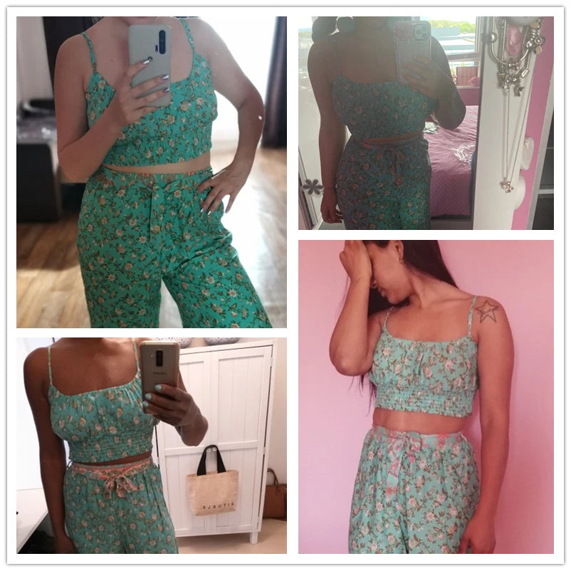 Vintage Chic  Women Floral Print Outfits Strap Sleeveless Tops Bohemian Suits Drawstring Pants 2 Pieces Rayon Cotton Boho Sets