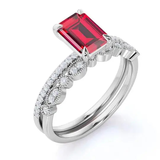 1.45 Carat Emerald Cut Ruby Wedding Ring 925 Sterling Silver Rhodium Plating Classic Style Gemstone Anniversary Party Jewelry