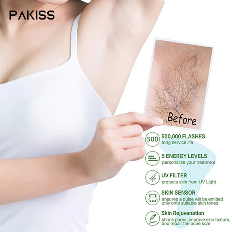 PAKISS Fast Shipping 3 Days, Ice Cooling System IPL Hair Removal Machine, 5 Energy Levels & Skin Sensor