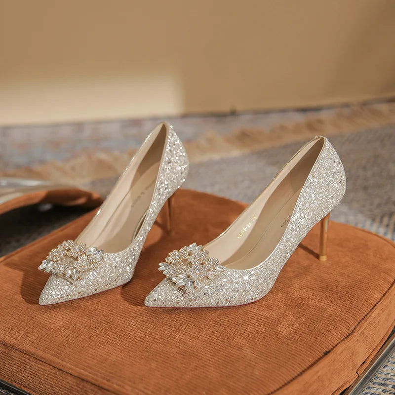 6681-15 Solid Bridal Pumps Pointed Toe Stiletto Heel Glitter Rhinestone Wedding Shoes Women's Elegant Party Shoes