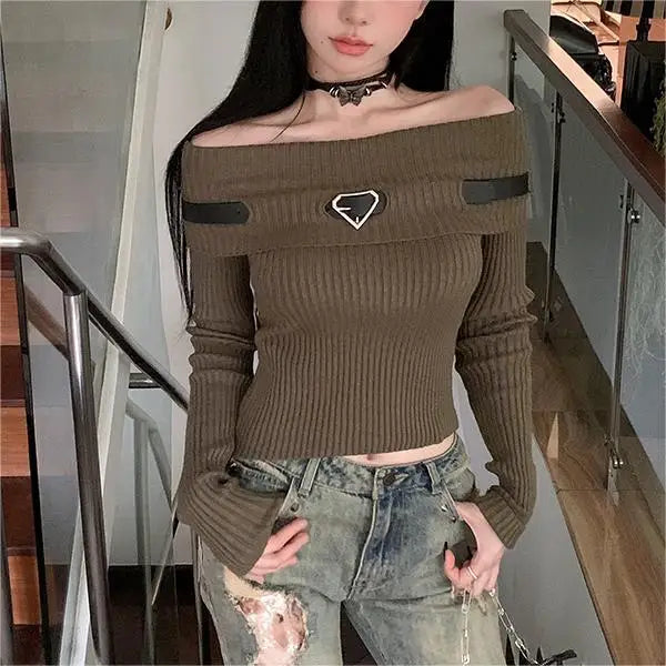 Boutique Wholesale 2026 Autumn New Fashion One Shoulder Short Long Sleeved Knitted Women's Sweater