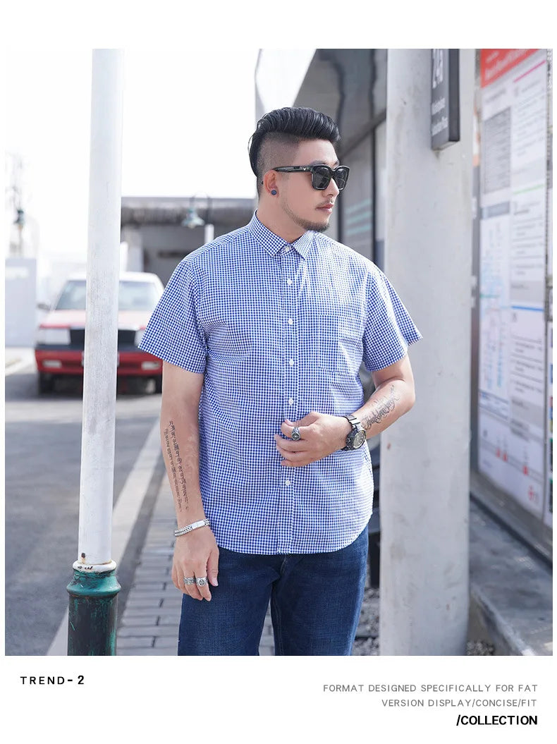 100% Cotton 5XL 6XL 7XL 8XL 12XL Men's Plus Size Shirts Fashion Casual Classic Style Comfortable Plaid Short Sleeve Shirt Male