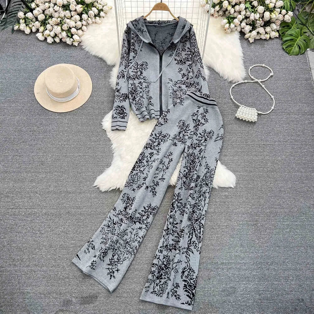 Fashion Suit Women'S Fall Winter Zipper Hooded Knit Sweater Pants Two Piece Set