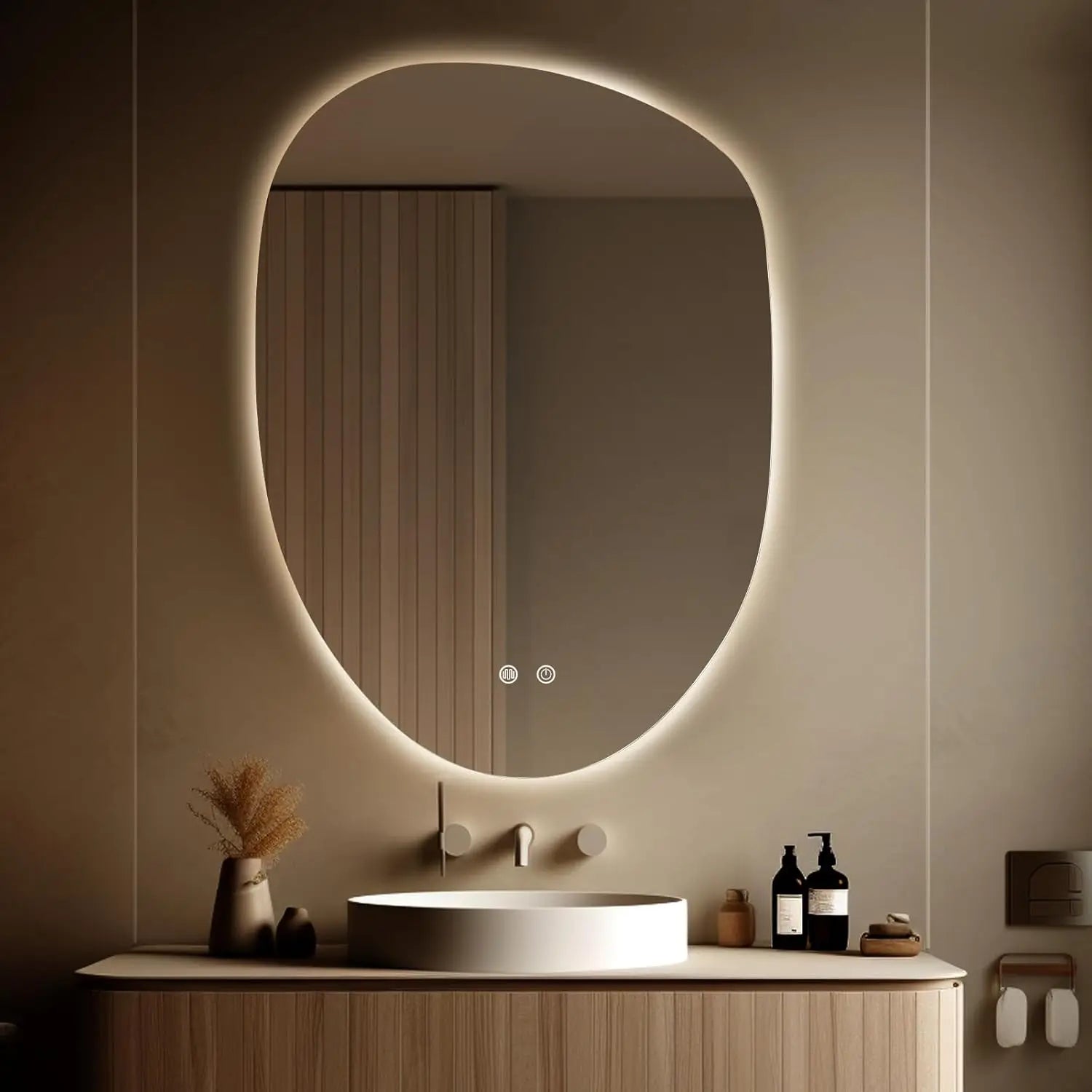 WallBeyond 23 X 32 Inch Tempered Glass LED Bathroom Vanity Mirror Wall Mount with Lights Clear Irregular Shape