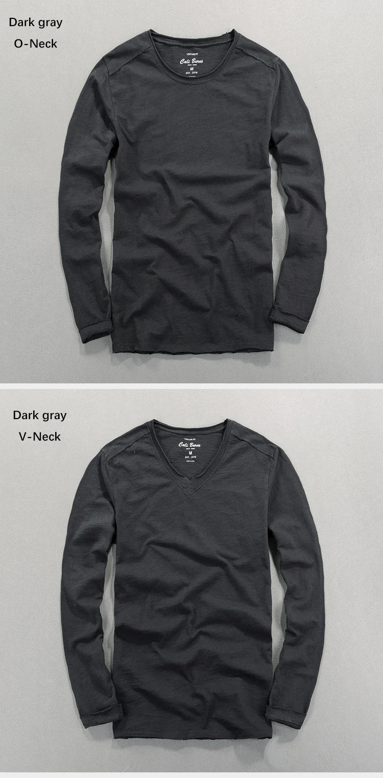 Fashionable Bamboo Cotton Long Sleeve Vintage T-shirts Men Casual Thin Tops Tees Comfortable Tshirt Distressed T-shirt