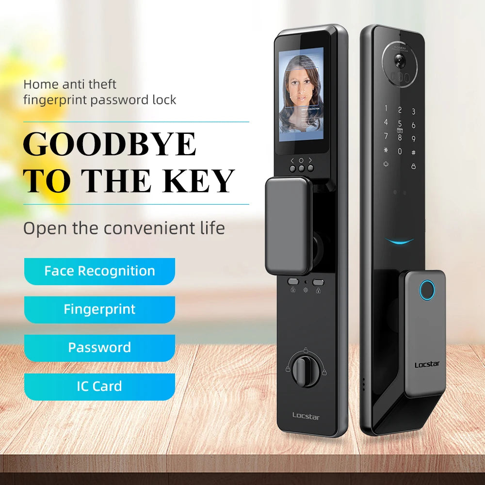 Locstar Electronic Tuya Wifi Golden Video 3D Face Recognition Digital Fingerprint Keyless Smart Door Lock for Aluminum Door