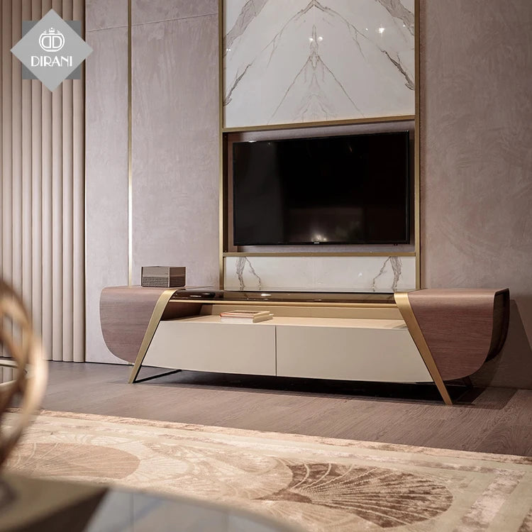 Italian Modern Living Room Furniture Set with Stainless Steel TV Cabinet Wood Marble Table TV Stands Feature Storage