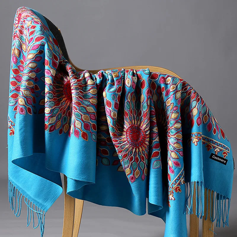 Wholesale JiYun 2025 Ladies Winter Scarf Shawl Floral Tassel Embroidery Soft Heavy Cashmere Feel-Hot Sale Winter Accessory