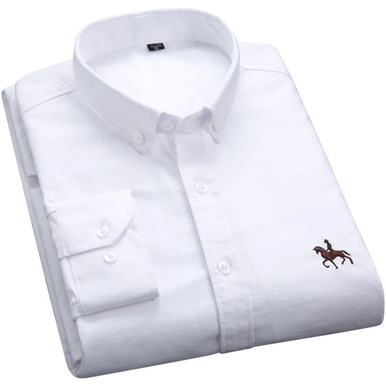 S-6XL Oxford Shirts for Men Long Sleeve Pure Cotton Solid Stripe Leisure Embroidered Horse Streetwear Business Plain Office 6XL