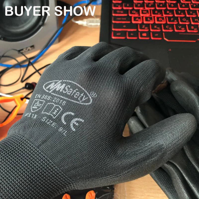 12 Pairs Safety Protective Coated PU Work Gloves Palm Coated Glove Mechanic Working Gloves CE Certificated EN388 4131X