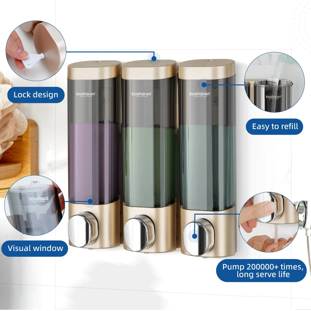 Hotel Toilet 300ml*3 Chamber Bottle Triple Wall Mount Shampoo Soap and Shower Dispenser Manual Press Liquid Soap Box With Lock