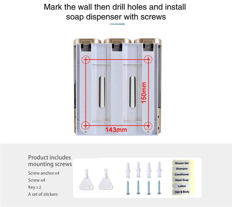 Hotel Toilet 300ml*3 Chamber Bottle Triple Wall Mount Shampoo Soap and Shower Dispenser Manual Press Liquid Soap Box With Lock