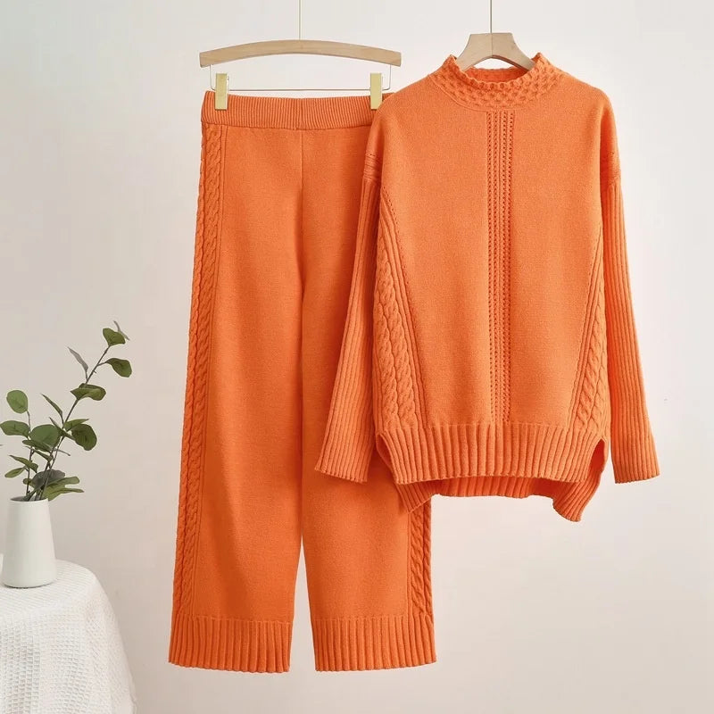 Pullover Thick Knit Sweater Casual Fashion Set Women's Autumn and Winter Loose and Lazy Wide Leg Trouser Set