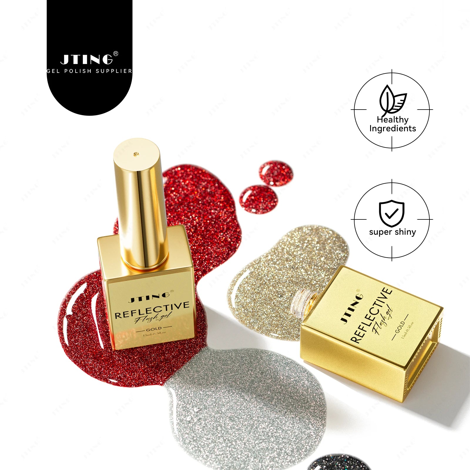JTING Super Reflective Flash Gel Polish Classic 4Color Gold Silver Black Red Disco Reflective Gel Nail Polish Set Unique Designs