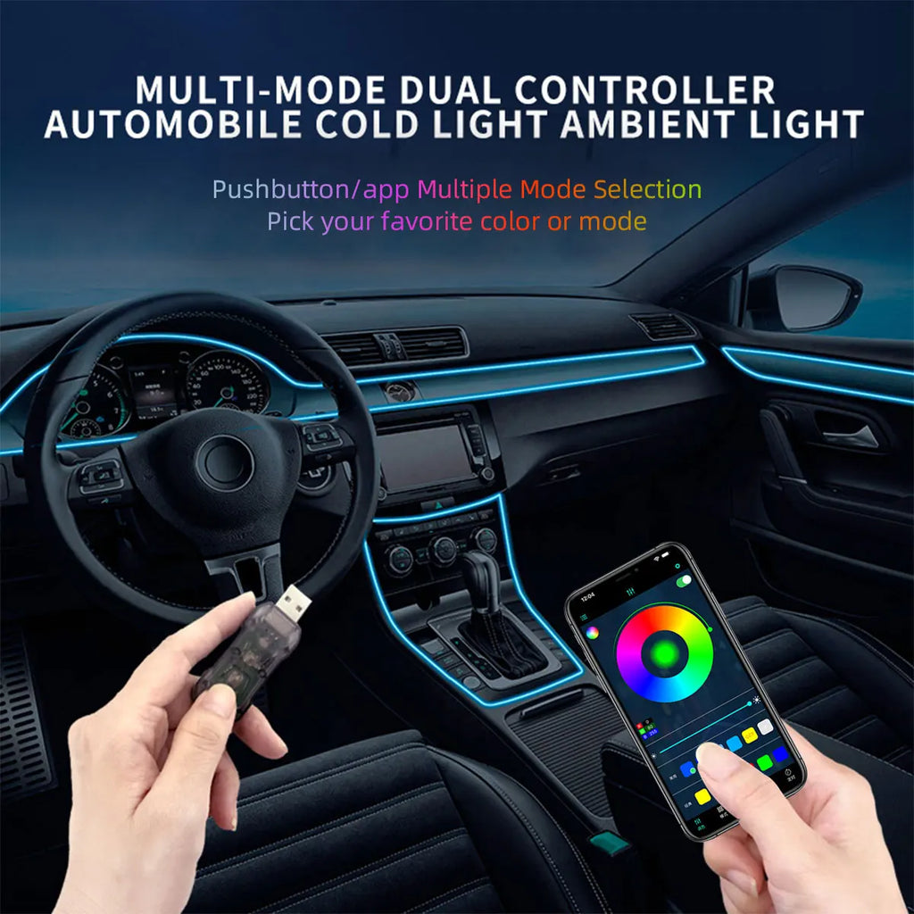 Wholesale 2m Flexible Car Interior Atmosphere Decoration Lighting App Control LED Ambient RGB Fiber Optic Strip Light K2U