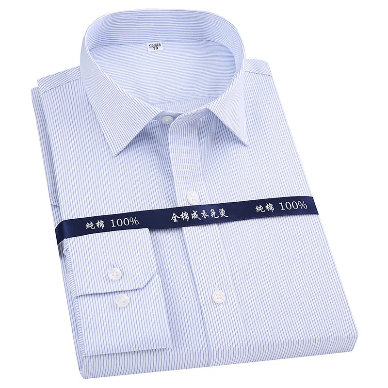 Men's Classic Long Sleeve Striped Dress Shirt Non Iron Regular Formal Business Social Button-up Easy Care Luxury Cotton Shirts