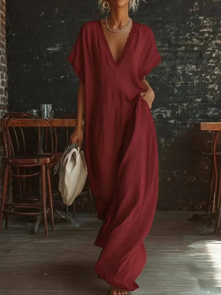 Casual Maxi Dress Women Polyester V Neck Short Sleeve with Ruffle Trim Vacation Daily Wear Flowy Fast Delivery