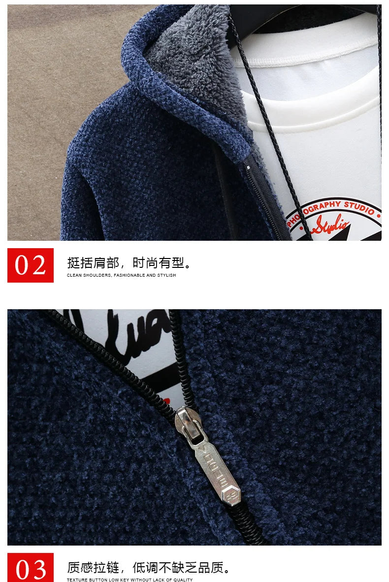 Mens Long Knit Cardigan Autumn Winter Sweater Coat Fleece Heavy Hooded Trench Coat Solid Chenille Men's Fashion Jacket