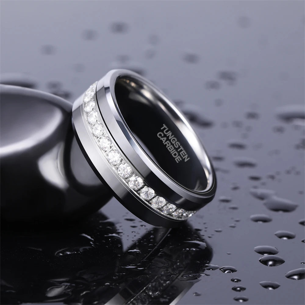 OAHLAN 6mm/8mm Silver Black Cubic Zircon Tungsten Carbide Rings for Men Women Luxury Full Round Diamonds Couple Wedding Bands