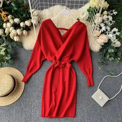 Autumn Winter Women Knitted Sweater Dress Korean Long Batwing Sleeve V Neck Elegant Dress Ladies Bandage Dresses