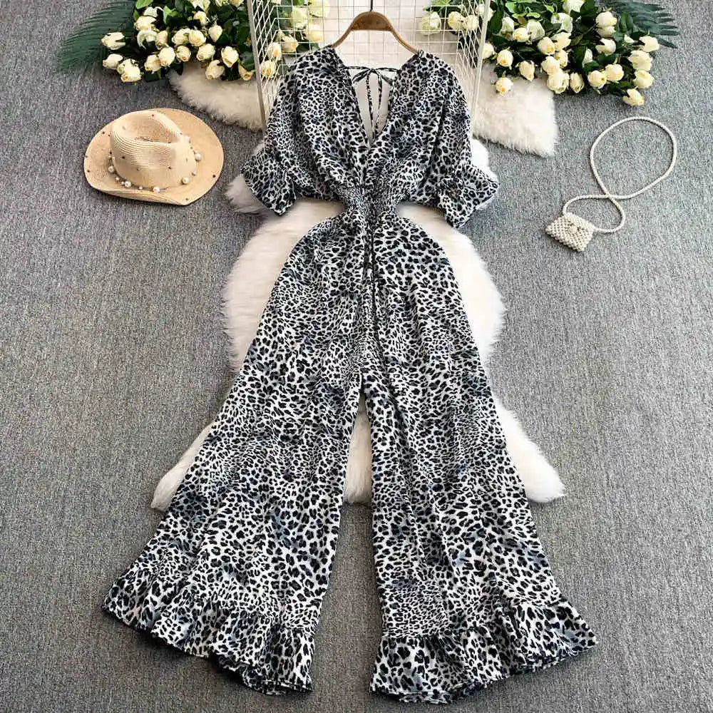 Women Sexy V Neck Short Sleeved Waist Fashion Female Ruffle Wide Leg Jumpsuit