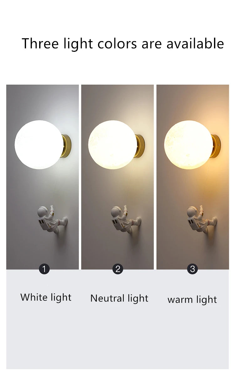 Lunar Wall Lamp Nordic Creative Astronaut Children's Room Lamp Bedroom Bedside Lamp Cartoon Boy Girl Background Wall Lamp