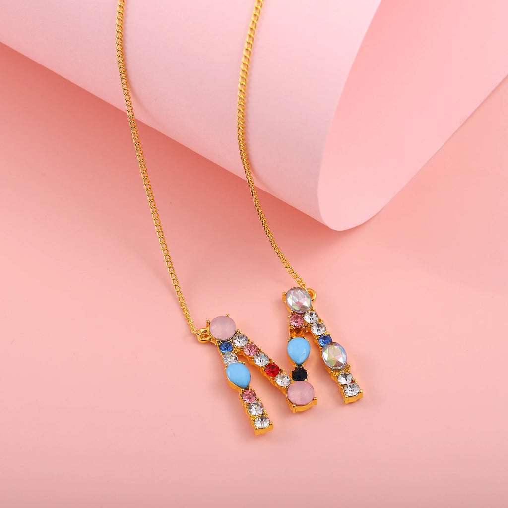 Hainon Fashion Initial 26 Letter Necklace Colored Zircon Necklace Electroplated Gold Sweater Chain