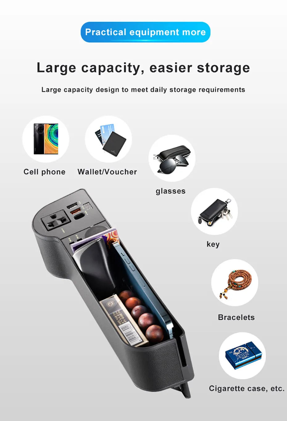 SEAMETAL Car Organizer with 12V/24V to 220V Inverter Seat Crevice Storage Box 4-USB Ports QC3.0 Fast Charging for Smartphone