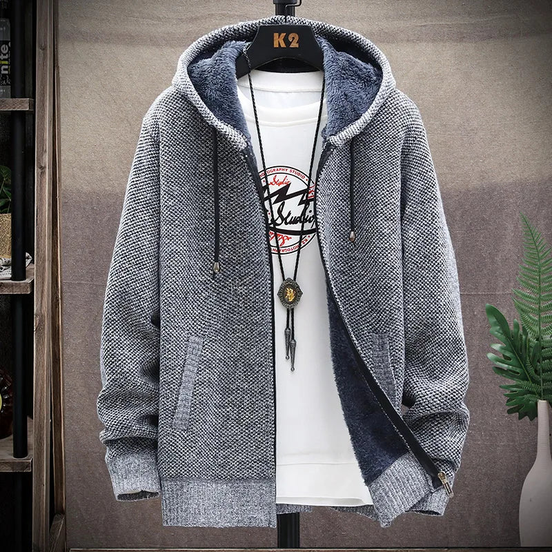 Autumn Winter Men's Sweaters Hooded Knit Cardigan Korean Sweaters Jacket Fleece Lined Hoodies Windbreaker Coat