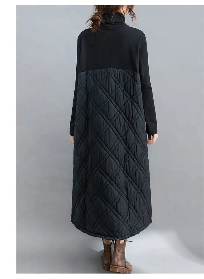 Retro Quilted Diamond Dress Thick Stitching Warm Autumn Winter Clothing New Women's High-Neck Casual Long Tunic y750