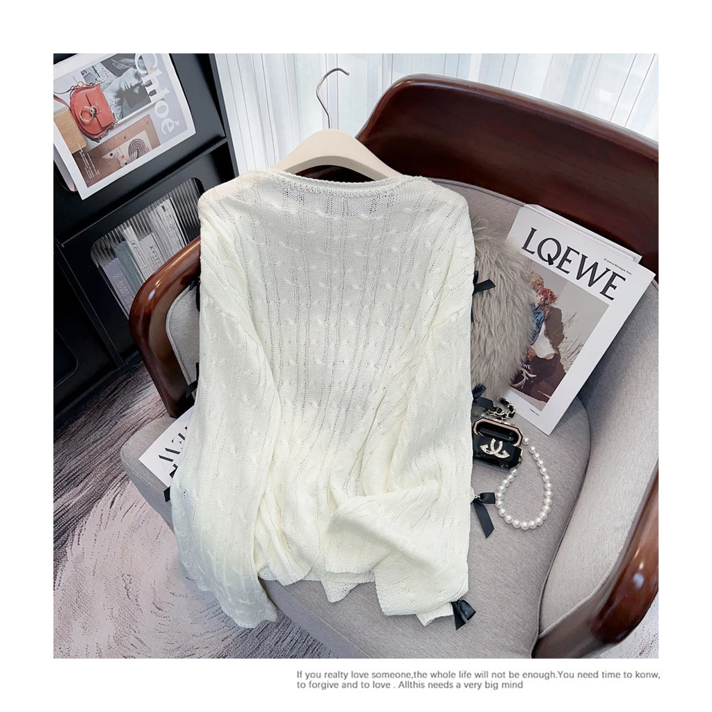 Boutique Wholesale 2025 Spring New Fashionable Hollow Horn Sleeve Bow Loose Women's Sweater