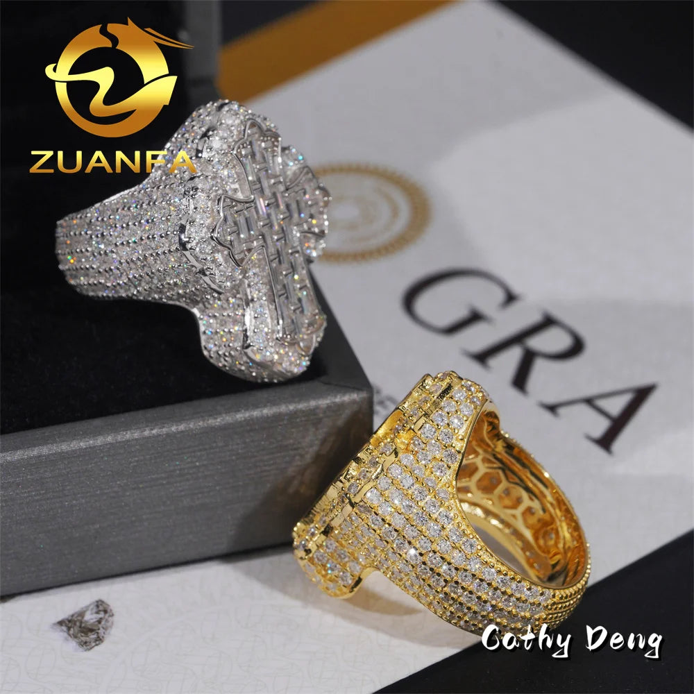 Hot Sale Instock  Iced Out Cross Moissanite Diamond Rings 925 Sterling Silver Hip Hop Ring Pass Diamond Tester Men Cuban Ring