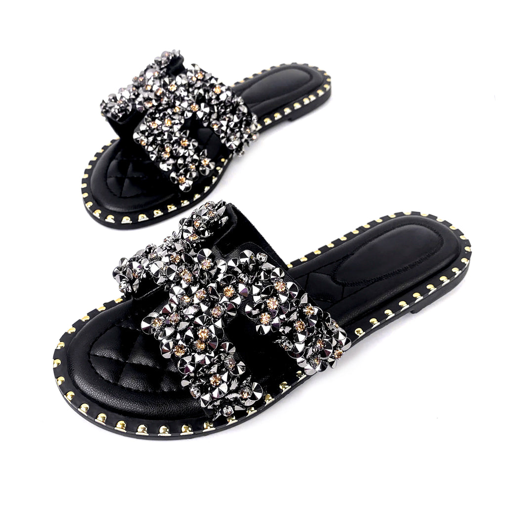 New Wholesale Design Summer square Head Leather European and American Open Toe Flat Shoes Black Womens slippers Sandals