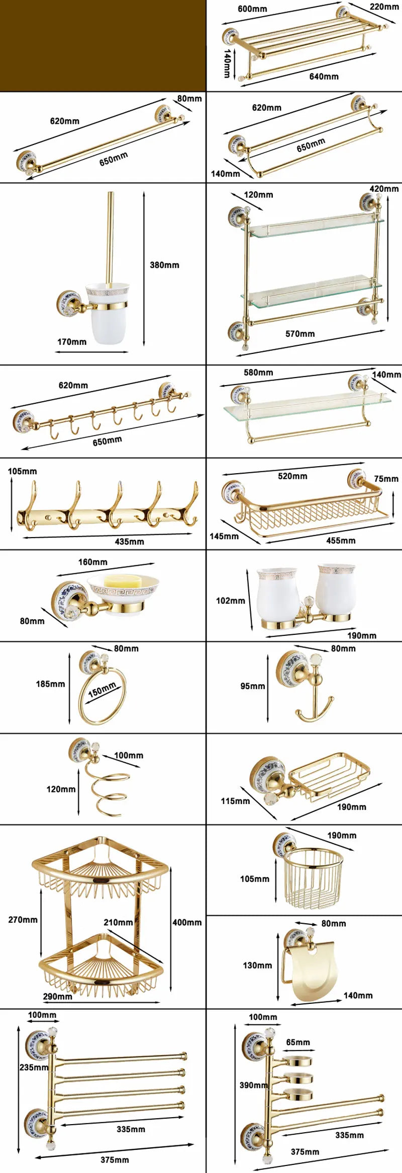 European Antique Blue and White Porcelain Chrome Finish Bathroom Hardware Set Silver&Crystal Towel Rack Bar Hook Basket Rack 5