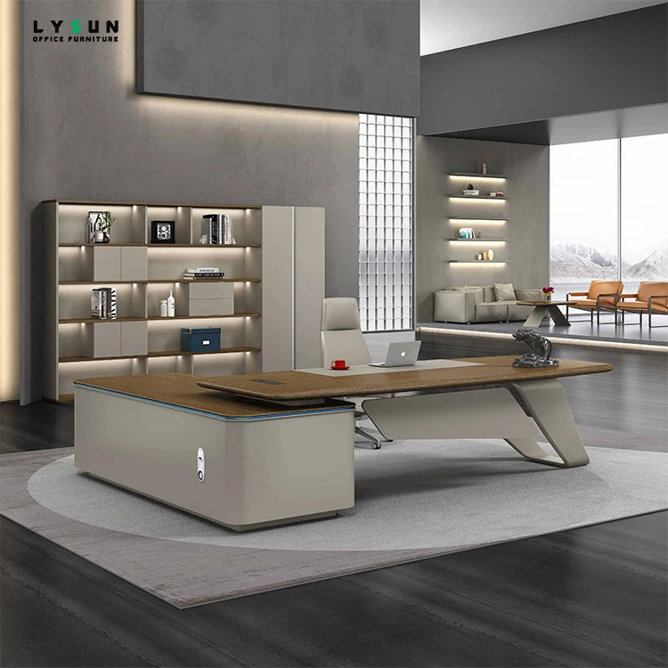 Luxury L-Shape MDF Wood Executive Office Desk with Side Cabinet Modern Design for Office Building Boss CEO Managers