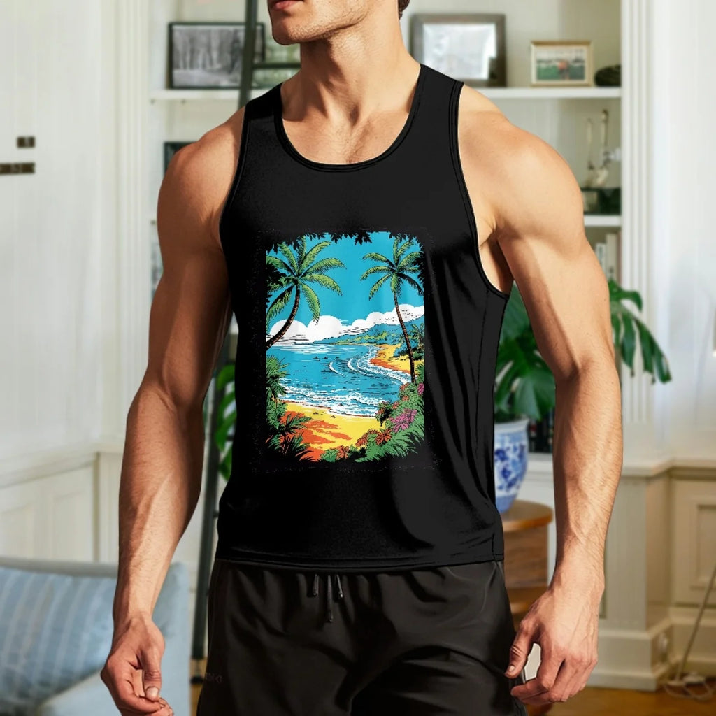 Made in USA Free Shipping MOQ1 Beach Palm Tree Element Men's Casual Vest Underlay Sleeveless Tee Gym Stretch Muscle-Showing Vest