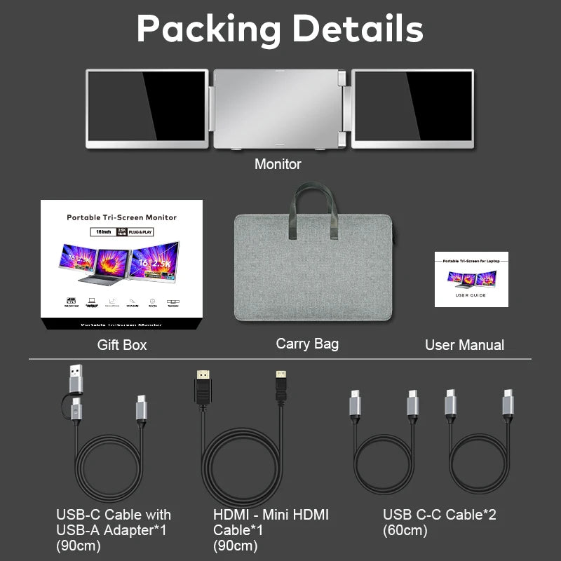 Triple Portable Monitor for Laptop Screen Extender HD Three Monitor 16'' 2560P IPS Display