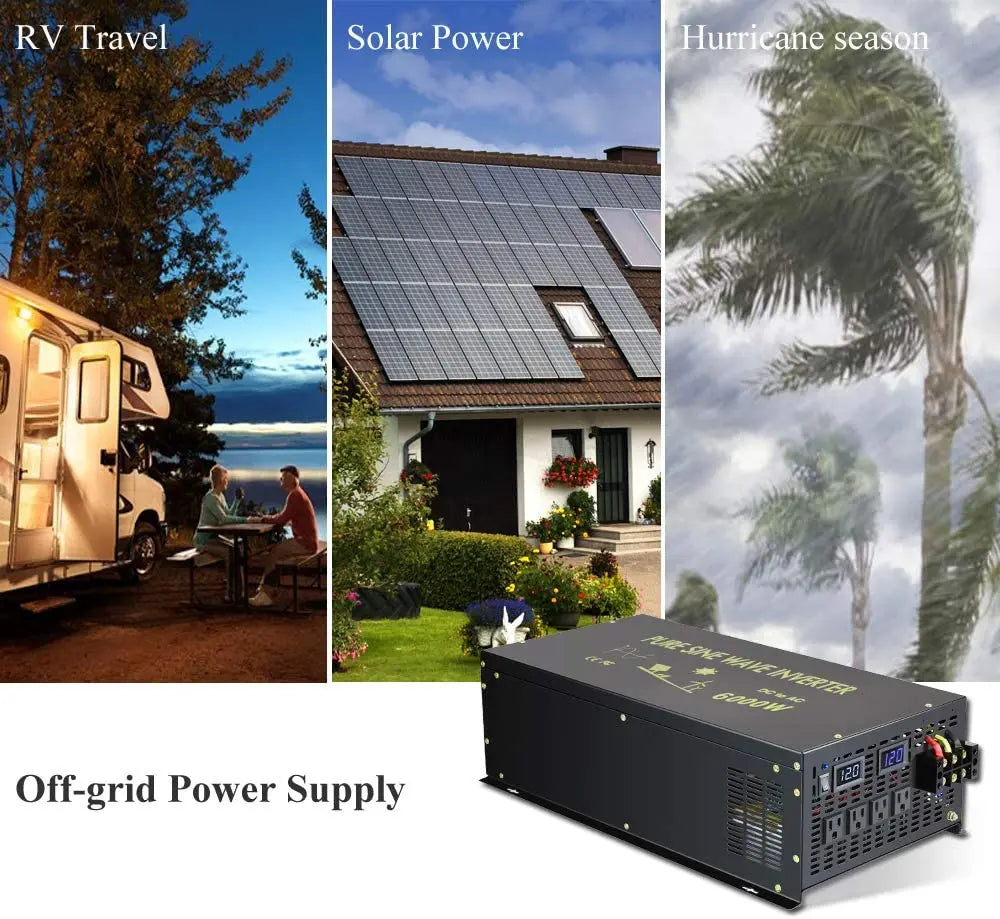 6000W Pure Sine Wave Inverter Solar Power 12V/24V/36V/48V/60V/72V DC to 110V/120V/230V/220V/240V AC Drill/Air Conditioner/Pump