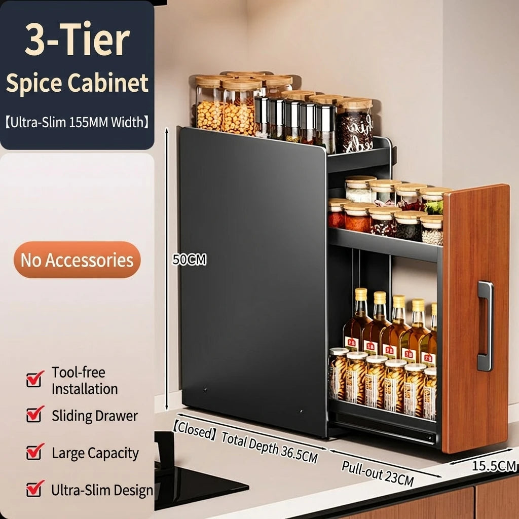 Stable Narrow Pull Multifunctional Kitchen Organizer Spice Storage Cabinet Waterproof Dust-proof Counter Storage Rack pp Double