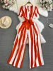 Wholesale 2026 Spring Temperament Short Sleeved V-neck Striped Casual High Waist Slim Straight Women's Jumpsuit