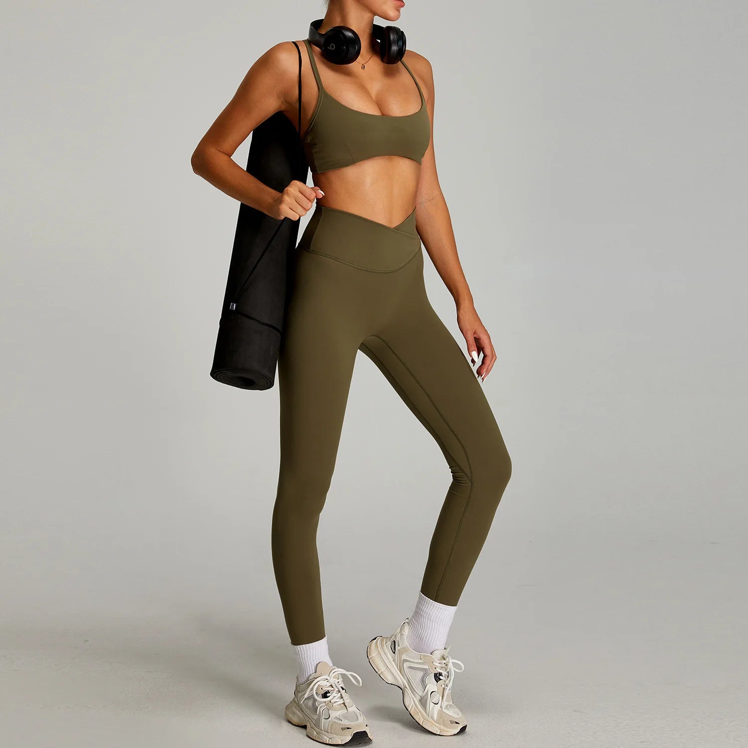Women Cross Waist Naked Feel Yoga Set High Waist Tight Quick Dry Fitness Suit Outdoor Running Sports Tracksuit
