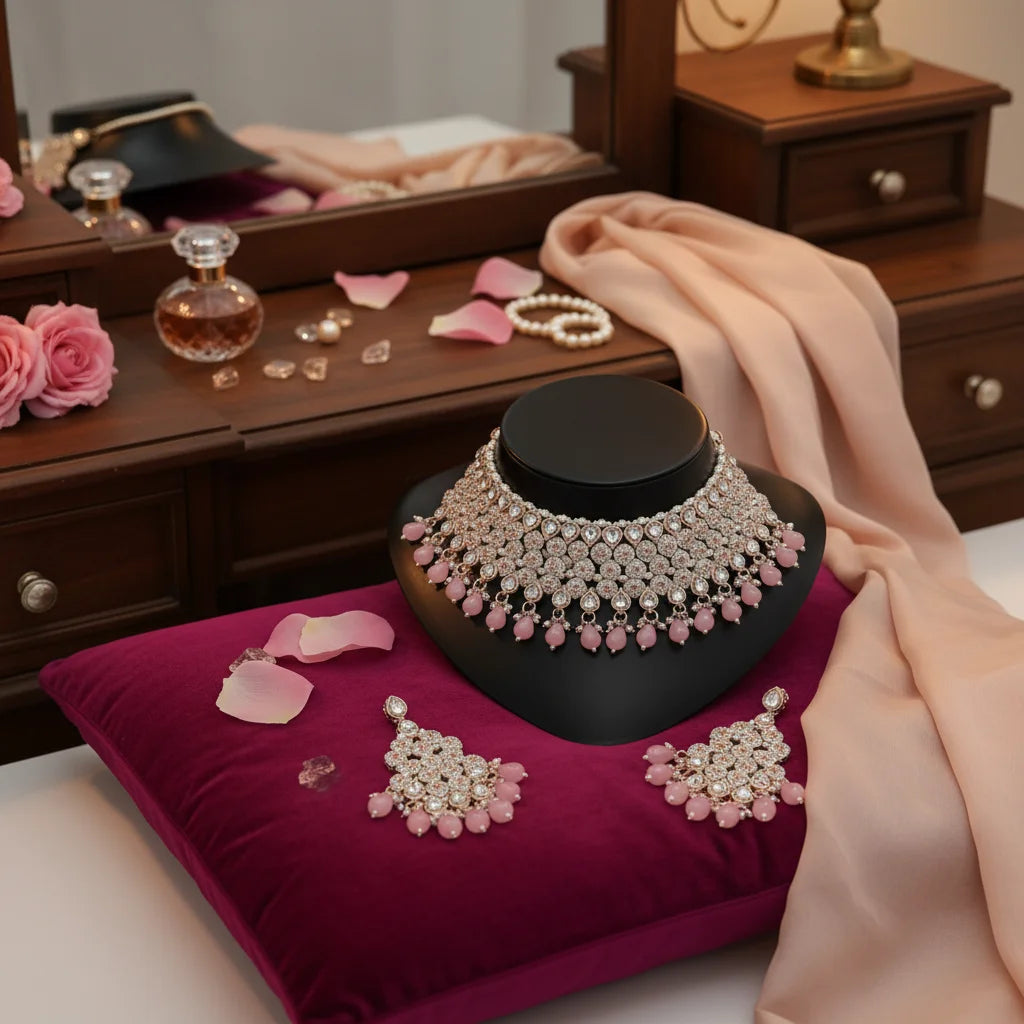Quality Assured Trending Fancy Collection Gold Plated Kundan & Pearl with Pink Stone Necklace Set For Women Wear Jewelry