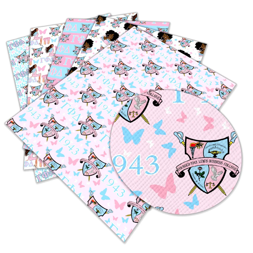 Sorority Gamma Phi Delta Pattern Faux Leather for Upholstery Mini Bag Phone case Decoration  Bow Making Synthetic Leather