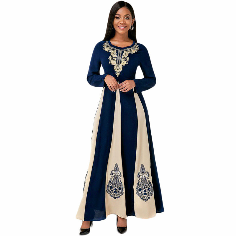 Elegant Muslim Dress for Women 2021 Fall O Neck Long Sleeve Islamic Arabic Abaya Robe Patchwork Print Turkey Eid Mubarak Vestido