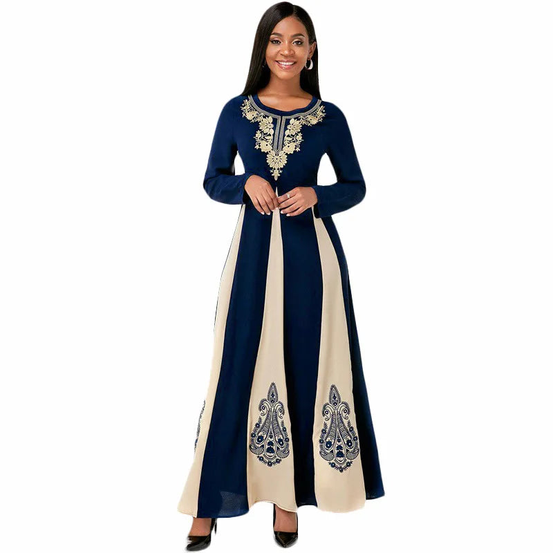 Elegant Muslim Dress for Women 2021 Fall O Neck Long Sleeve Islamic Arabic Abaya Robe Patchwork Print Turkey Eid Mubarak Vestido