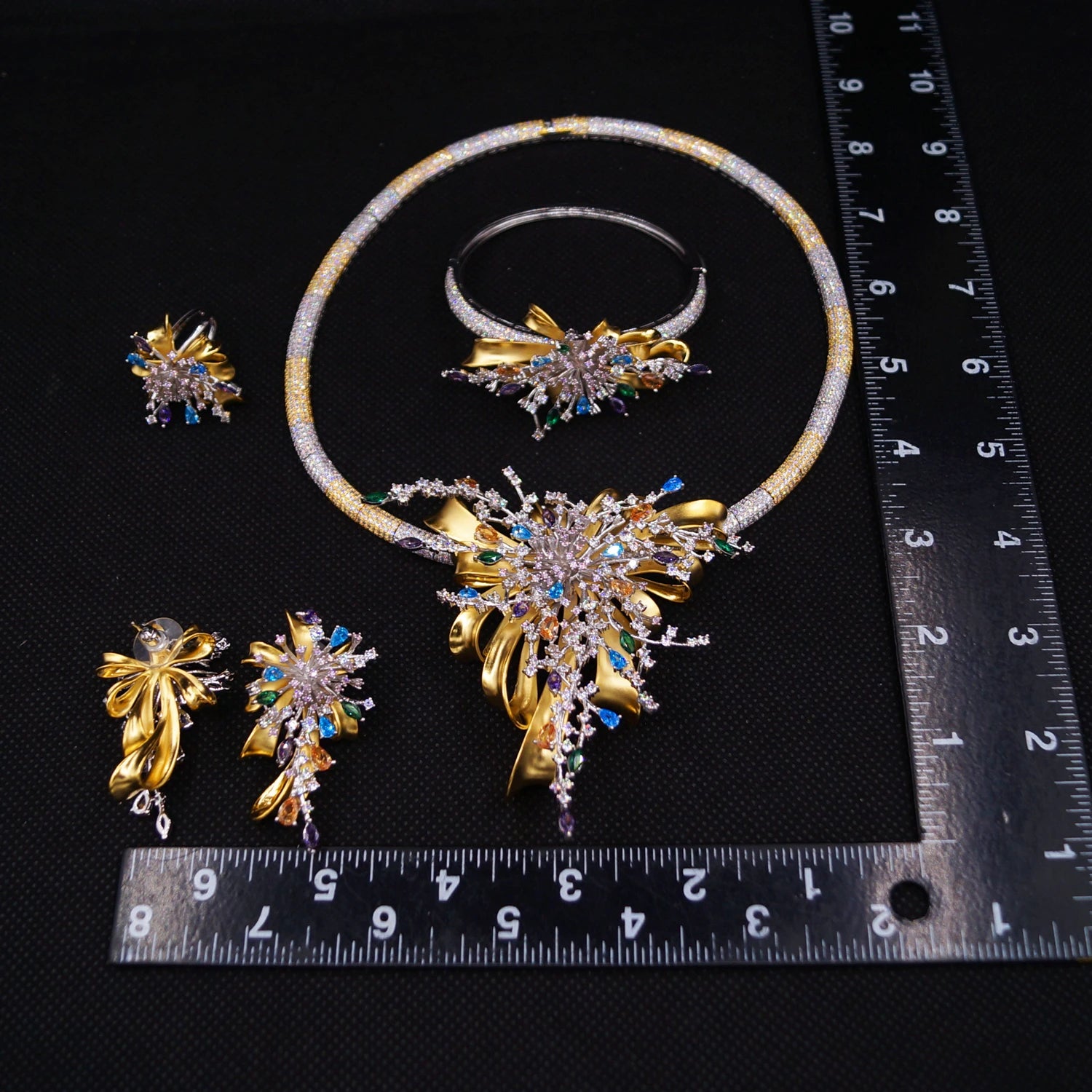 Yulaili Simple Two Tone American Colorful Zirconia Jewelry Set Charm Necklace Bracelet Earrings Ring Four Pieces Set for Wedding